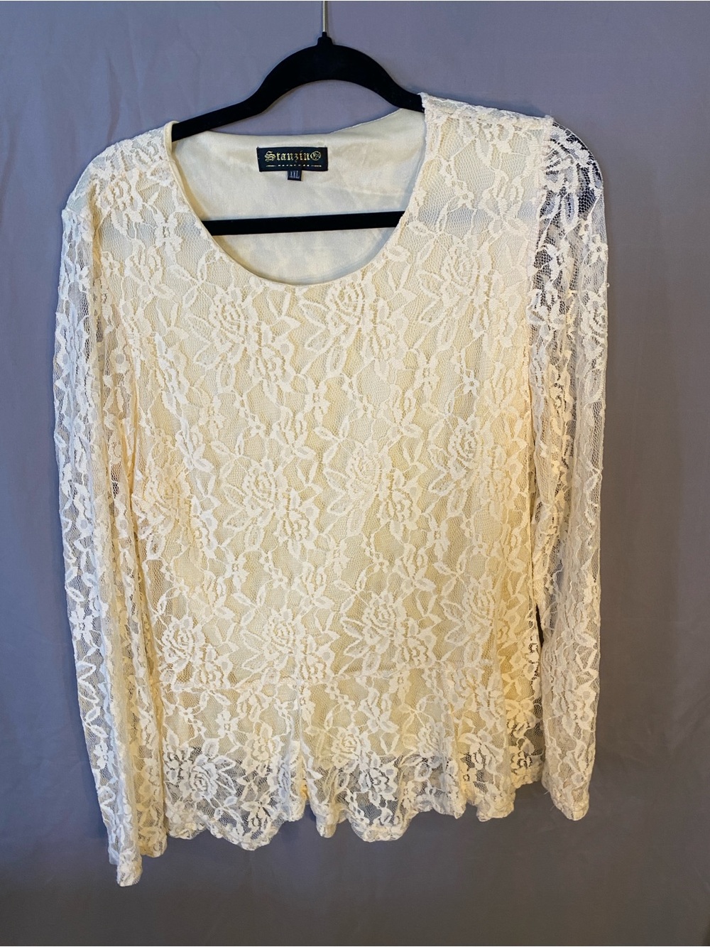 Cream Lace Long-Sleeve Scoop Neck Blouse